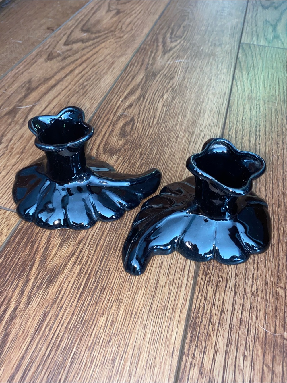 Pair of Vintage Mid-Century Van Briggle Black Leaf Candlesticks Candle Holders
